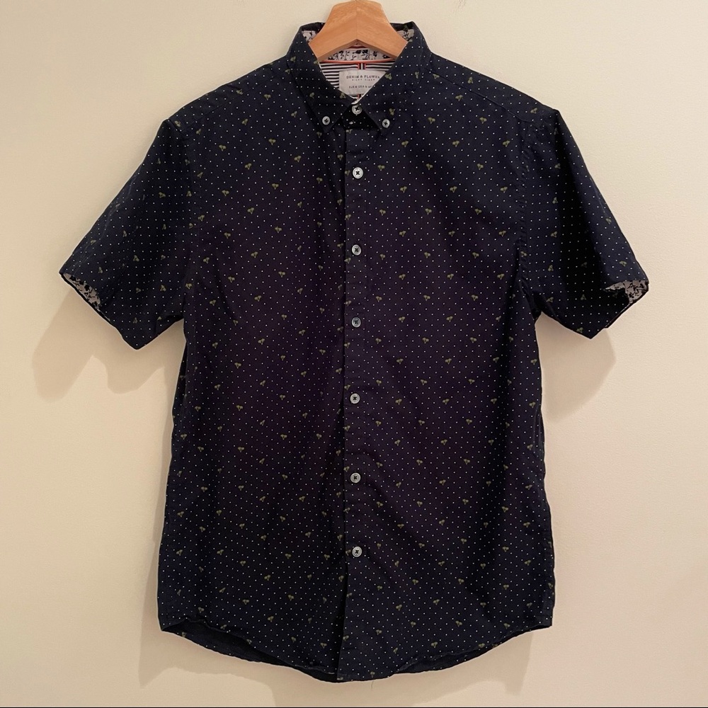 Denim & Flower Ricky Singh Navy Short Sleeve Collar Button Down Palm Tree Shirt
